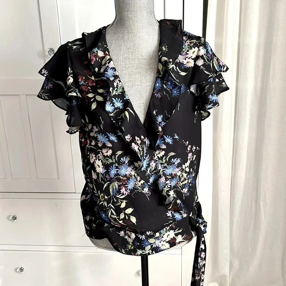 PARKER Floral Short Sleeve Ruffle Wrap Blouse, Size M